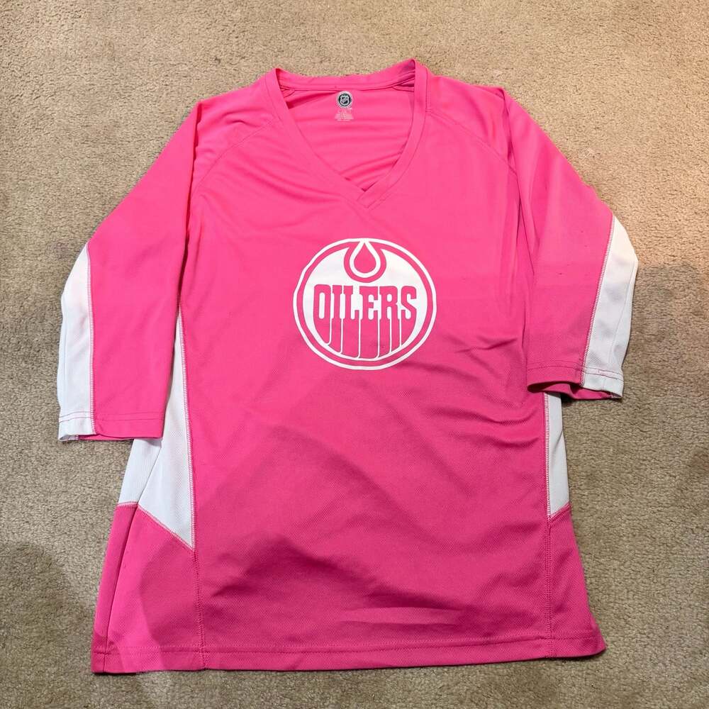 Edmonton Oilers NHL Girls' Pink and White Fashion Jersey short sleeve (Large) (i
